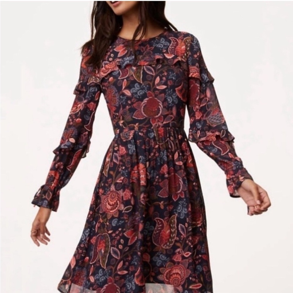 LOFT Navy Blue Floral Long Sleeve Dress